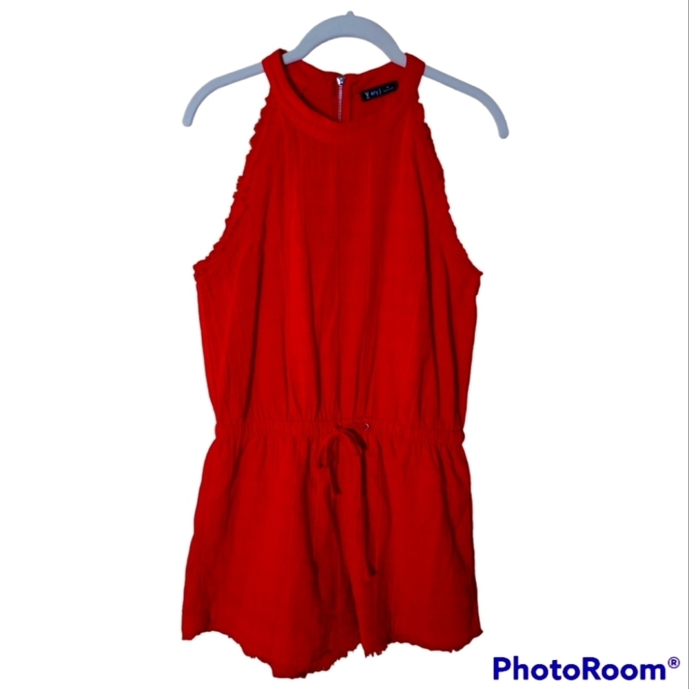 Very J* Cotton* Sleeveless Romper* Drawstring Elastic Waist* Raw Hem* Red* Sz M